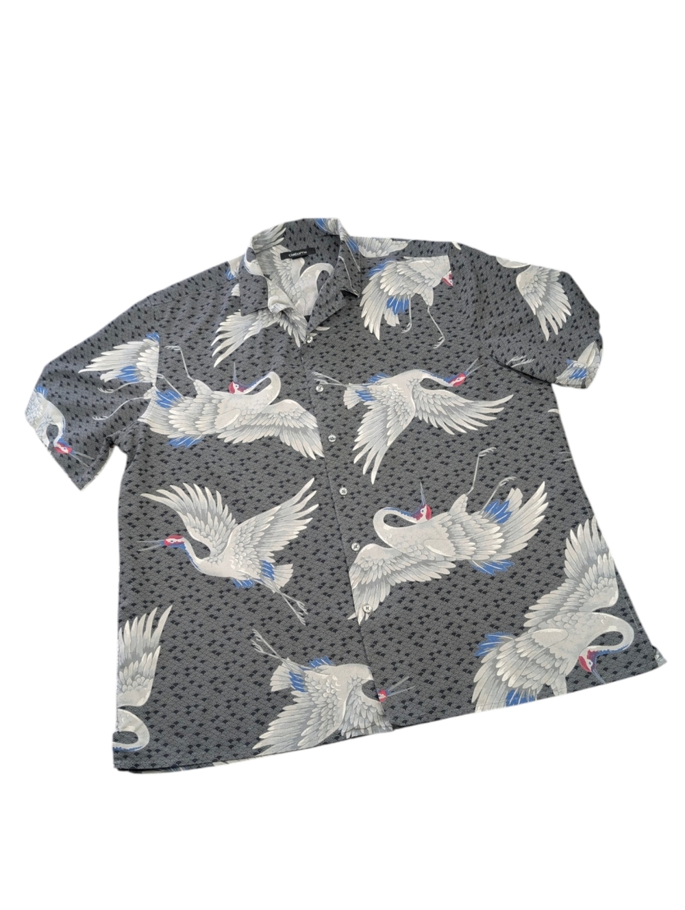 Vintage Claiborne Cotton Neutral Short Sleeve Button-Up W Swans. Large.